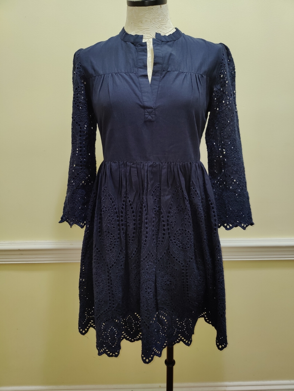 Madison Matthews Navy Blue Mini Dress With Eyelet Embroidery Sleeve & Skirt, XS